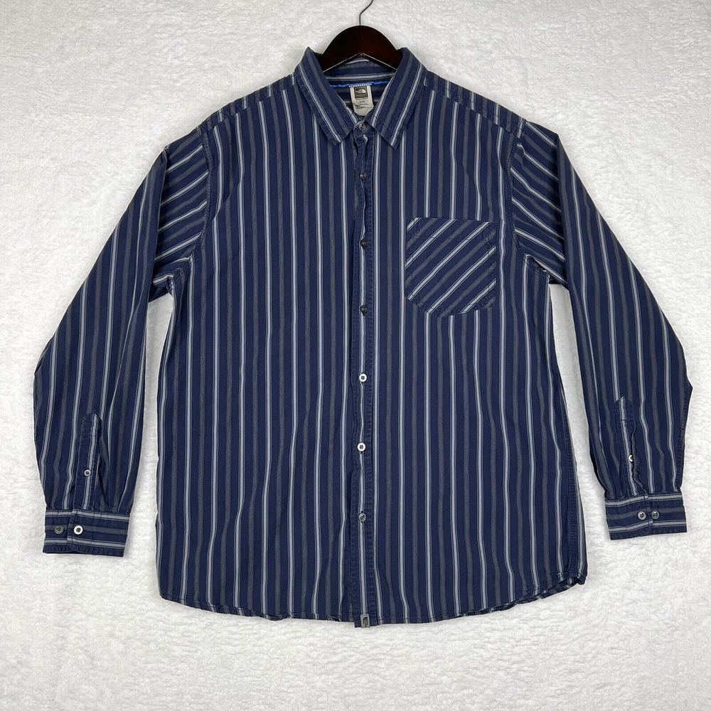 The North‎ Face Shirt Mens XL Blue Striped Button Up Long Sleeve Outdoor Cotton